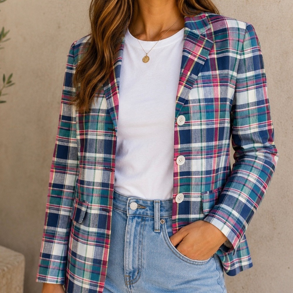 Ralph Lauren Women Multicolored Plaid Cotton Blazer Jacket Size 4 Preppy Madras